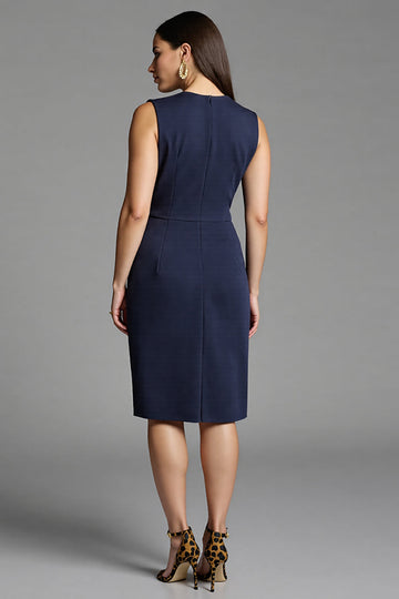 Bodycon Navy V Neck Midi Work Dress With Sash